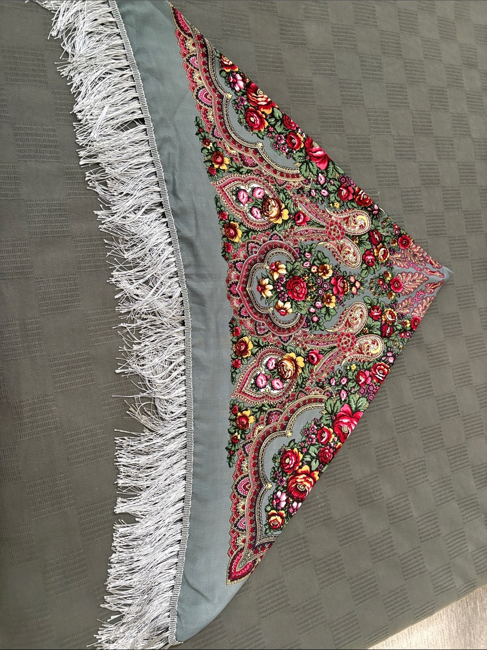 Floral Fringe Womenโs Skirt Shawl in Sage Green and Red